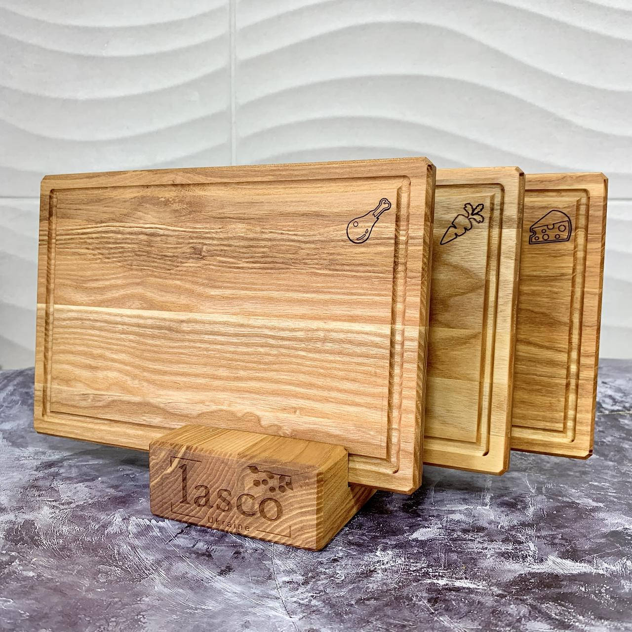 

Набор двусторонних разделочных кухонных досок 7 в 1, для рыбы, мяса, овощей с подставкой ясень 23х15 Lasco, Коричневый