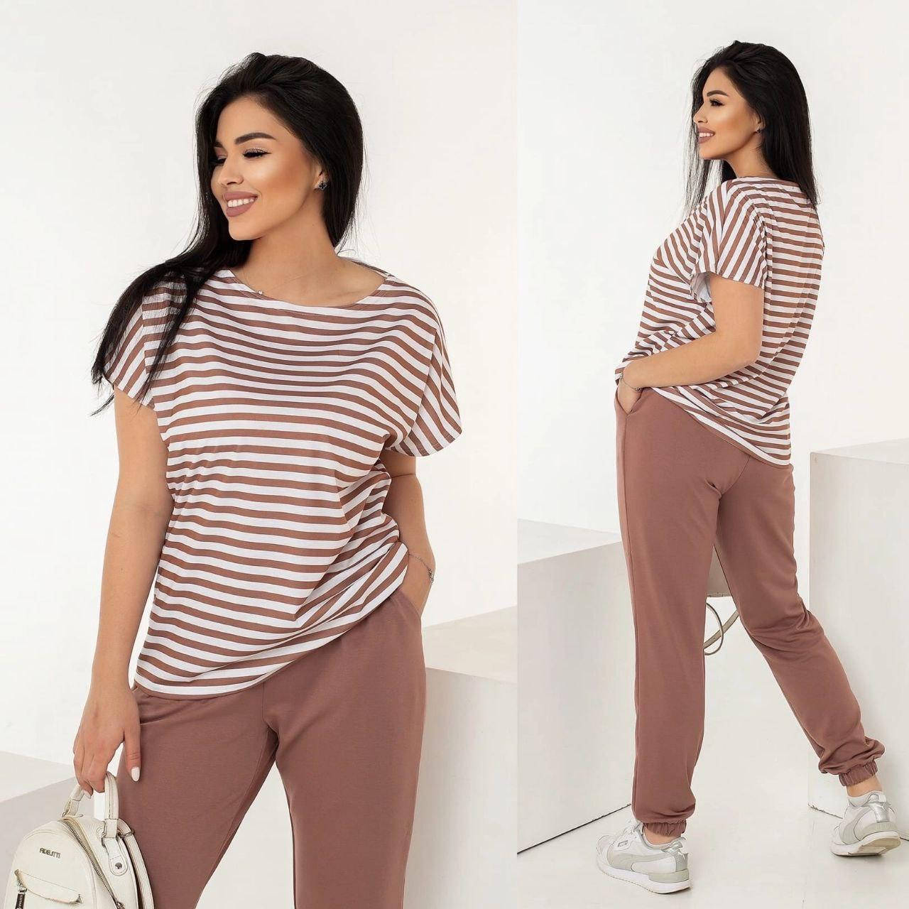 

Прогулочный летний женский костюм двойка (штаны + футболка), большой размер