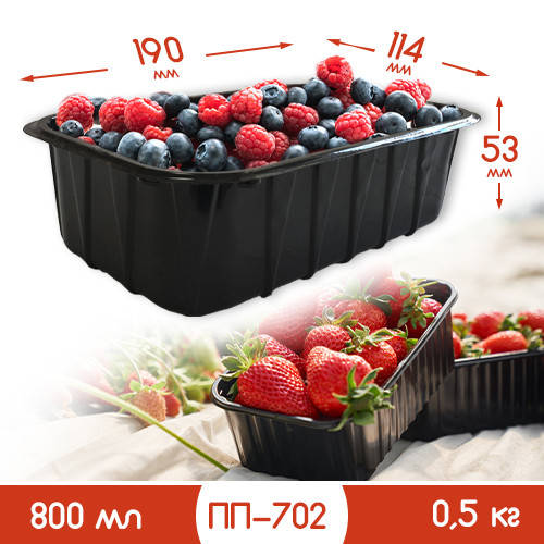

Пластиковые лотки для ягод и фруктов ПП-702, 0,5 кг, 800 мл / одноразовый контейнер (пинетка) для ягод Черный