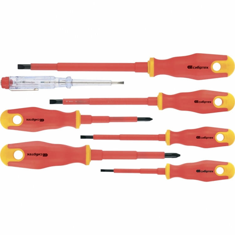 

Набор диэлектрических отверток 1000В, тестер, CrV, двухкомпонентные рукоятки (7шт.) Сибртеx (12936)