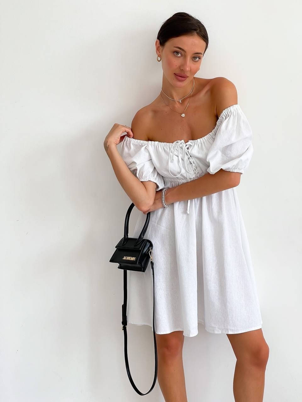 

Платье из льна с завышенной талией с пышными рукавами S-M, Молочный