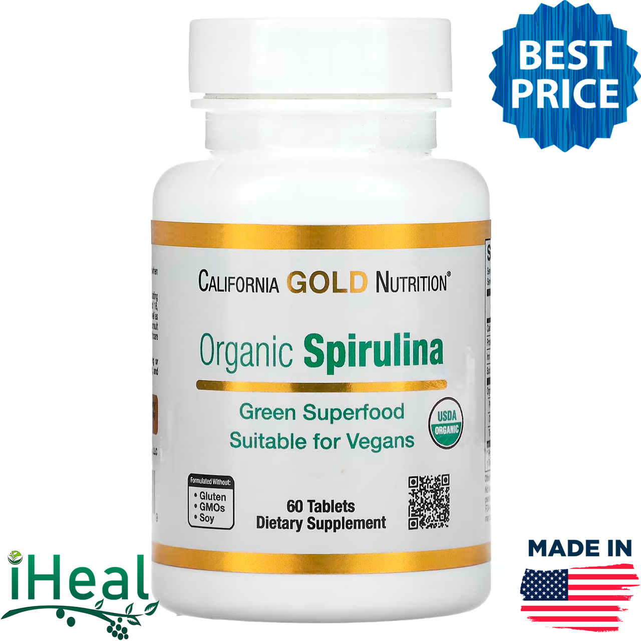 

California Gold Nutrition, органическая спирулина, сертификат USDA Organic, 500 мг, 60 таблеток