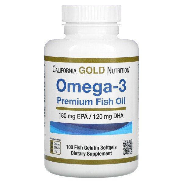 

California Gold Nutrition, омега-3, рыбий жир премиального качества, 180 мг ЭПК / 120 мг ДГК, 100 капсул