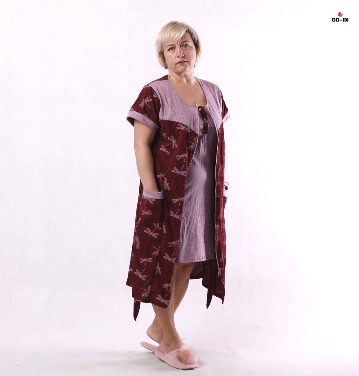 

Женский комплект домашний батальный халат и сорочка бордовый р.50-62