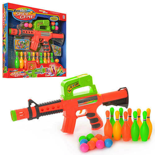 

Игрушечный автомат 648W стреляет шариками (10 шт), кегли 10 шт, Красный