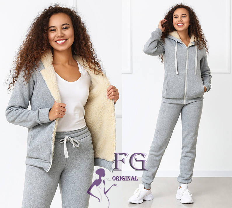 

Зимний женский спортивный костюм штаны и куртка с мехом утепленный 42-48рр, Серый