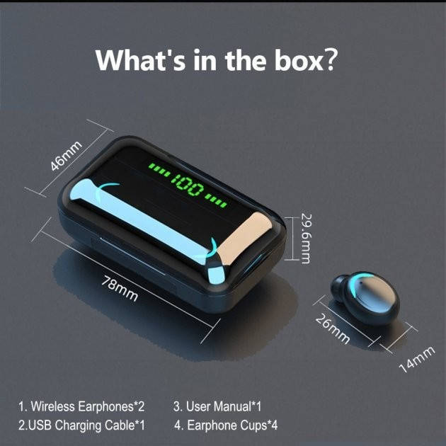 

Наушники F9 TWS V5.0 Беспроводные сенсорные Bluetooth с индикатором заряда водонепроницаемые черные (NB-1), Черный