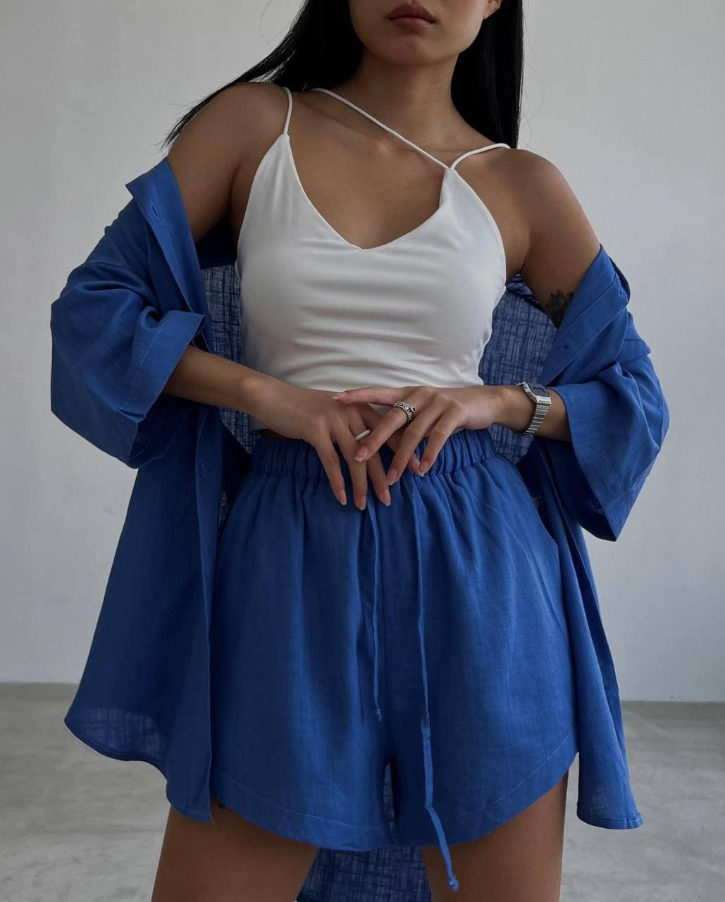 

Женский летний легкий костюм двойка, S/M ; M/L, зелёный, синий, американский креп-жатка Синий, M-L