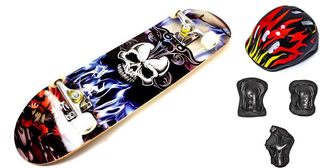 

+ Шлем + Защита + Скейтборд деревянный Scale Sports White skull, Черный