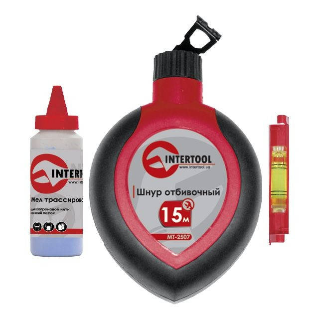 

Комплект: шнур отбивочный, корректор 115г. и шнуровый уровень INTERTOOL MT-2505