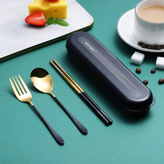 

Набор металлических столовых приборов в футляре 3 предмета, Золотой с черным