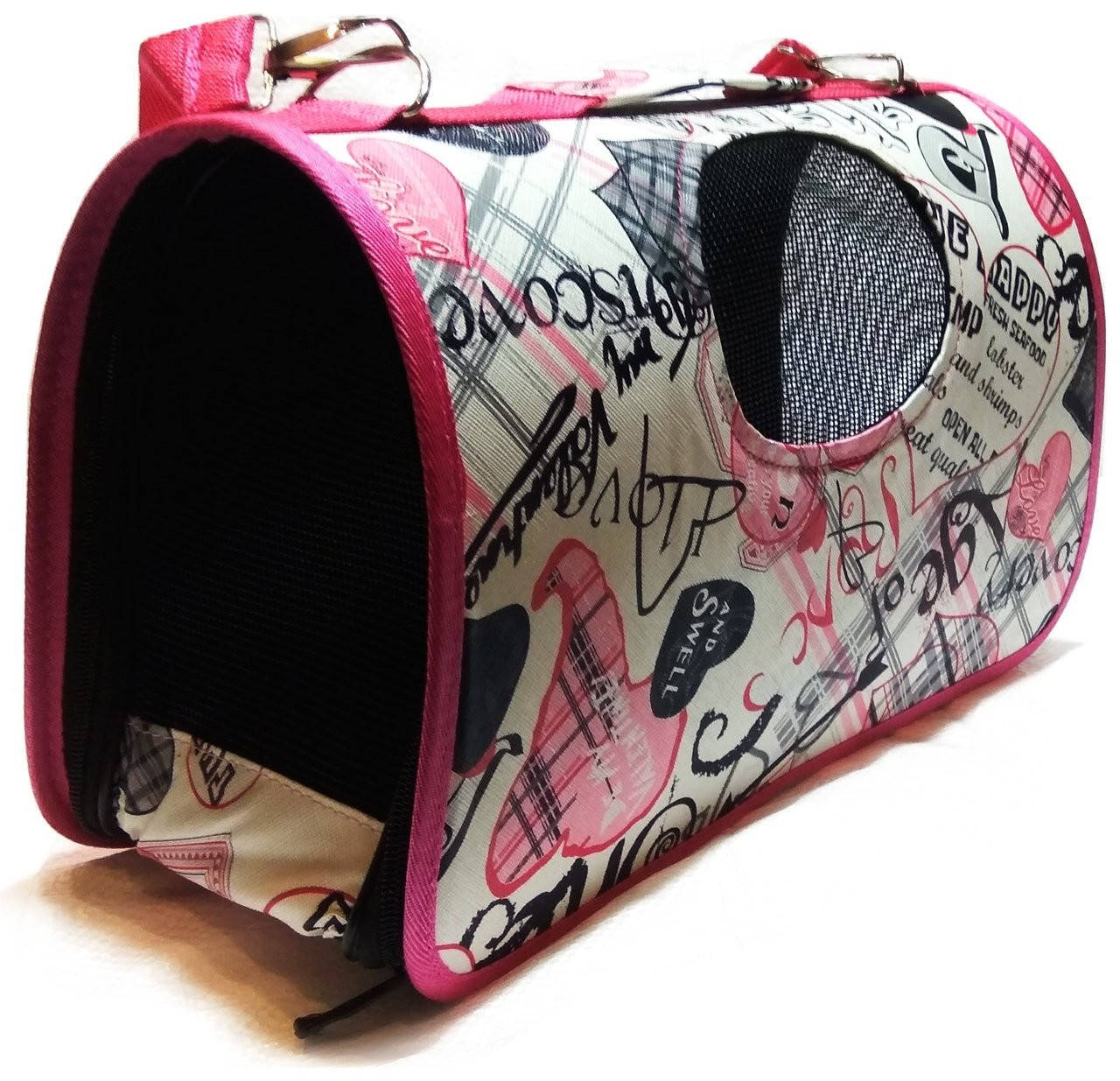 

Сумка-переноска для котов и собак белая Сердечки (размер L), Розовый