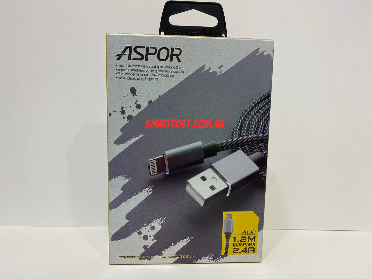 

USB кабель Aspor -A132 lightning iphone Nylon 2.4A/ 1.2 м черный Оригинал, Серый