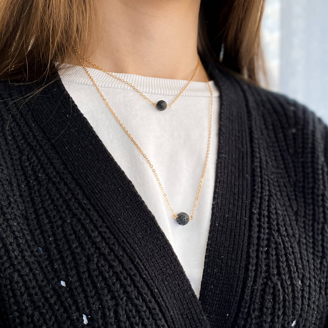 

Многослойная цепочка с диффузором эфирного масла из черного лавового камня золотистое колье и ожерелье