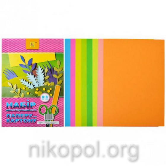 

Цветной картон и бумага для аппликаций 8+8 листов А4 (неоновая, двусторонняя)