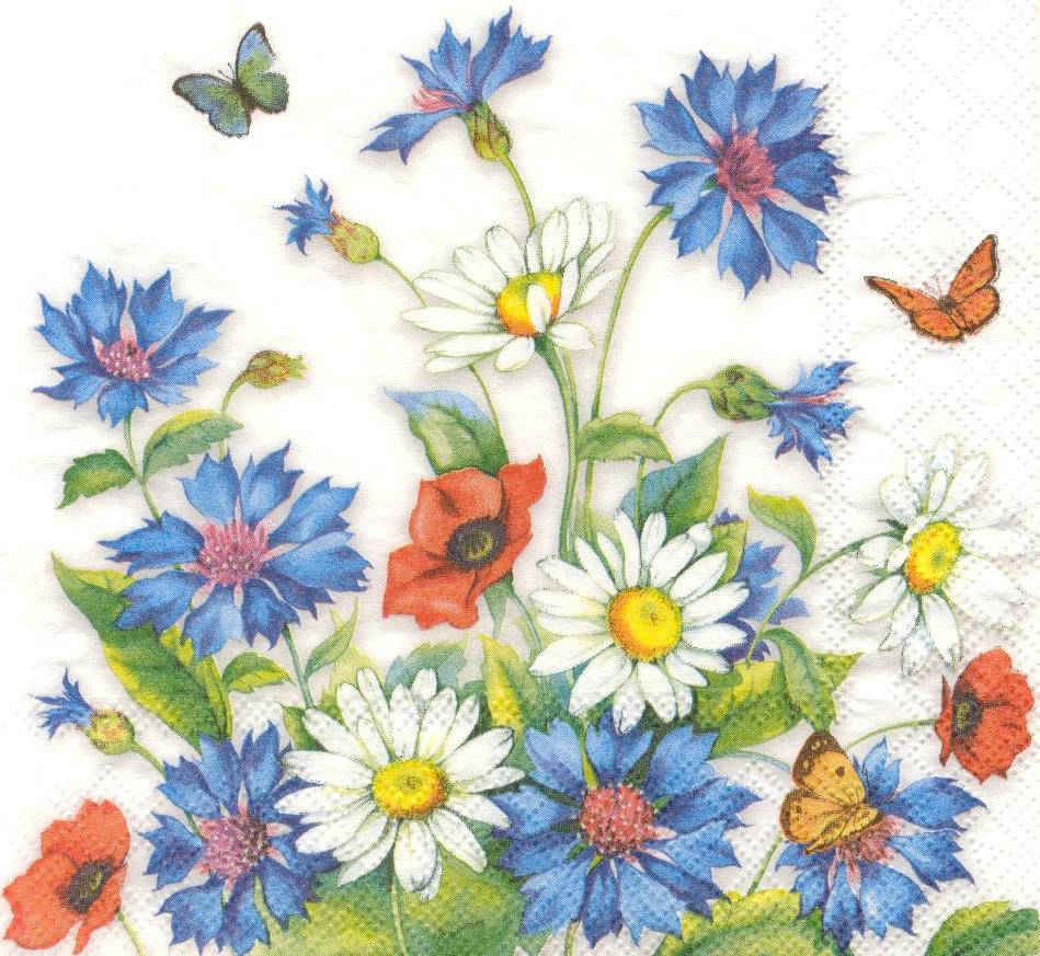 

Декупажная салфетка Ромашки, маки и васильки 5887