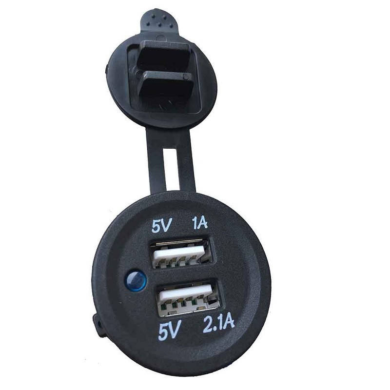 

Гнездо под 2 USB влагозащищенное DC 12-24V/5V 2,1-1A, синий индикатор GR2usb