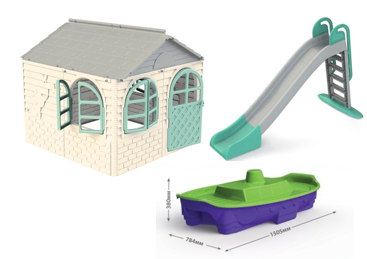 

АКЦИЯ НАБОР Детский средний пластиковый домик со шторками, большая пластиковая горка и песочница Doloni