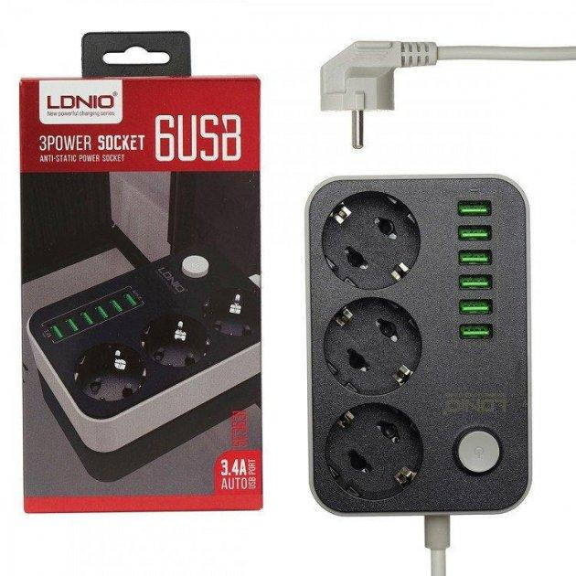 

Сетевой удлинитель LDNIO SE3631 3 розетки и 6USB 5V 3.4A 17W фильтр, тройник, черный