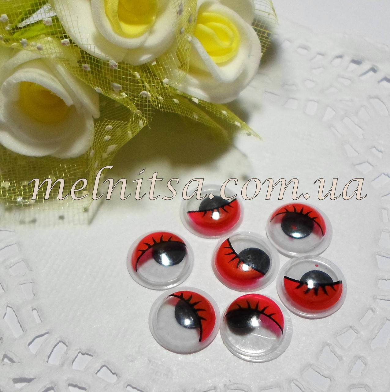 

Глазки для игрушек, красные с ресничками, 8 мм, подвижные, 10 шт. ( 5 пар)