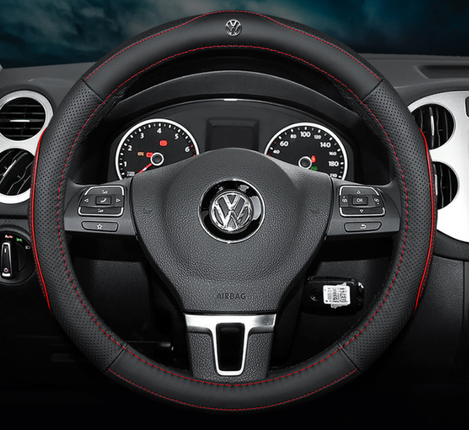 

Чехол оплетка Cool на руль для автомобиля Volkswagen натуральная кожа Черный с красной прошивкой