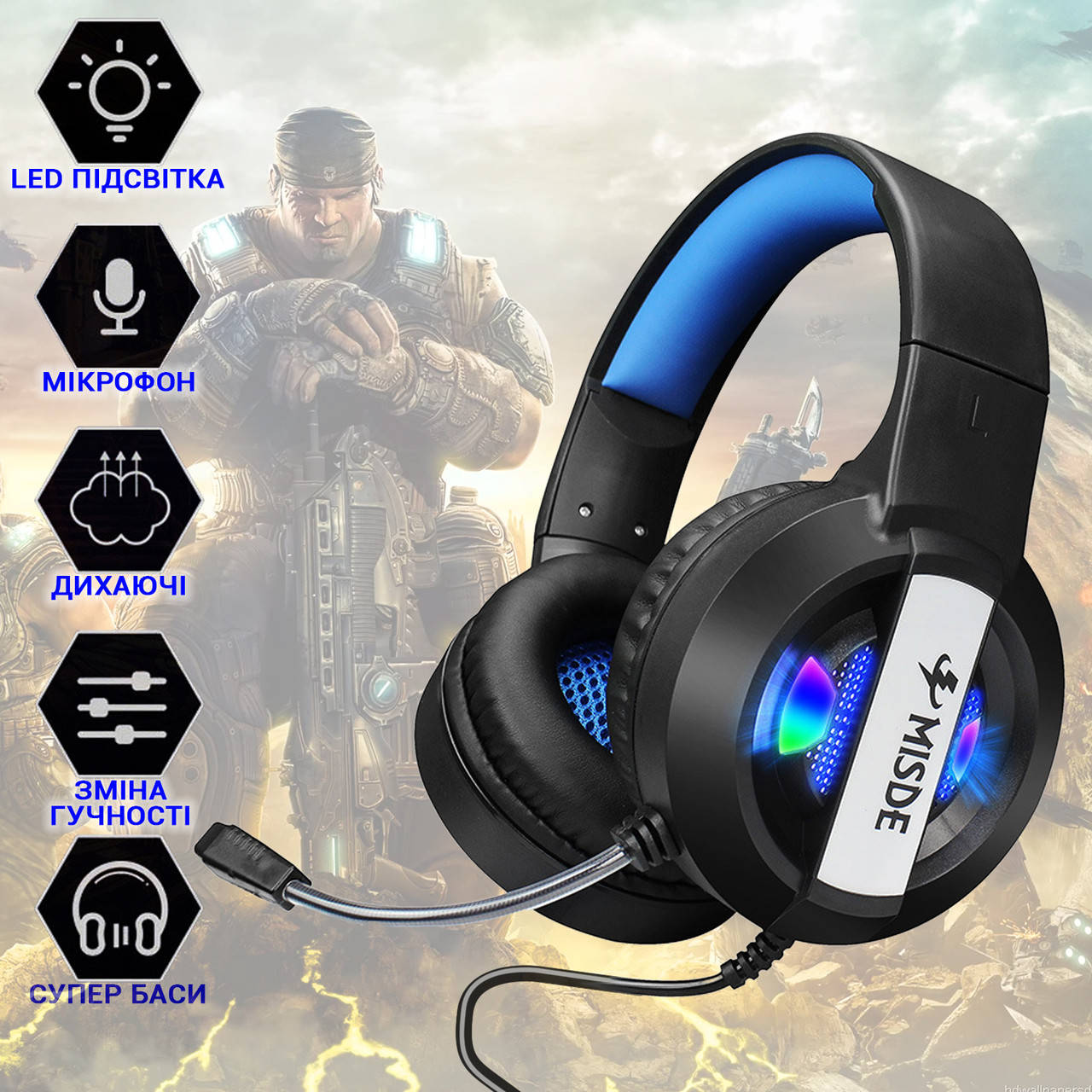 

Игровые проводные наушники с микрофоном и RGB подсветкой Misde MA8 гарнитура с гибким оголовьем Blue ANS