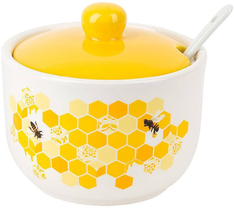 

Керамічна цукорниця з керамічною ложкою "Sweet Honey" 450мл, біла з жовтим