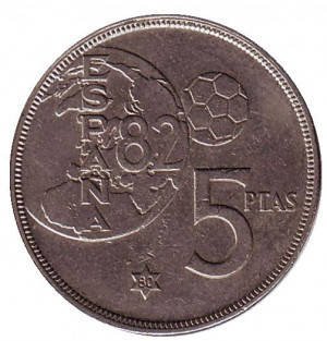 

Чемпионат мира по футболу 1982. Монета 5 песет. 1980 год, Испания.(Г)