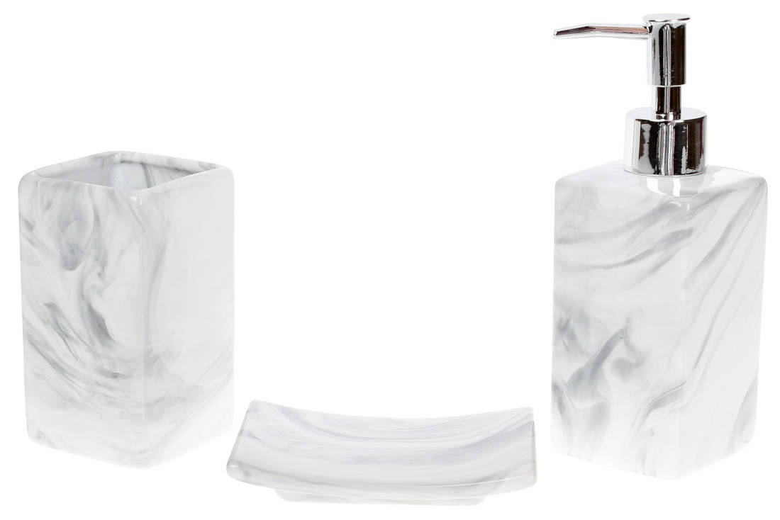 

Набор для ванной (3 предмета) Мелодия мрамора: дозатор 370мл, стакан 330мл для зубных щеток, мыльниц