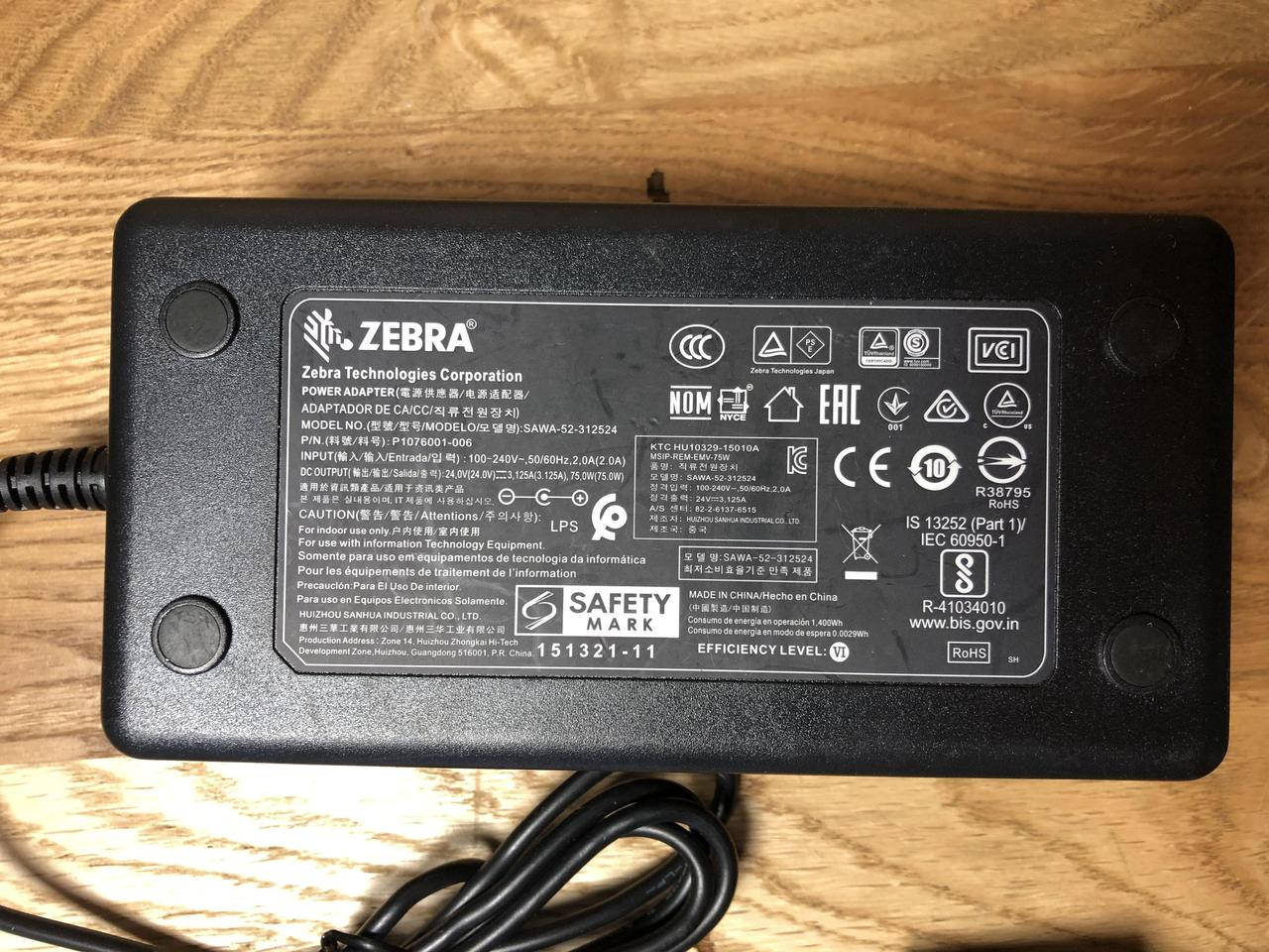 

Блок живлення Zebra P1076001-006 3.125A 75W Thermal Printer Power Adapter