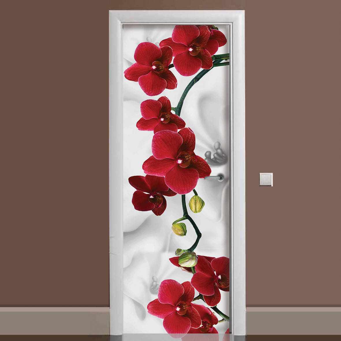 

Интерьерная наклейка на дверь Красная Орхидея ламинированная двойная пленка фотопечать цветы абстракция, Красный