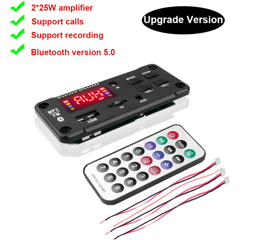 

MP3 плеер, FM модуль USB microSD, Bluetooth 5.0 5-12В врезной корпус 2 *25 Вт