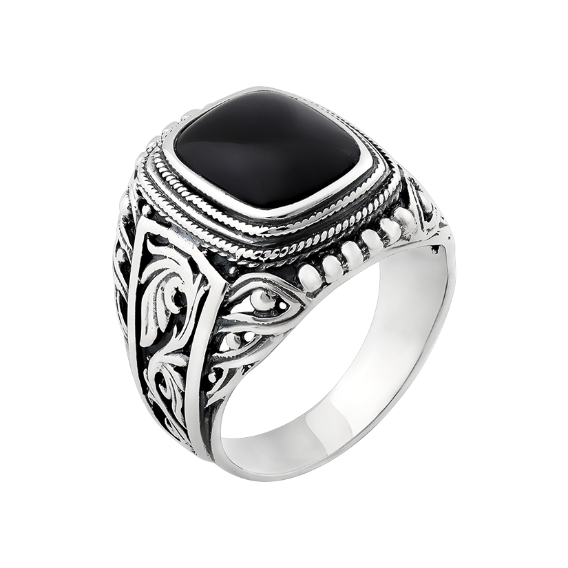 

Перстень серебряный мужской с глубоким узором и черным ониксом
