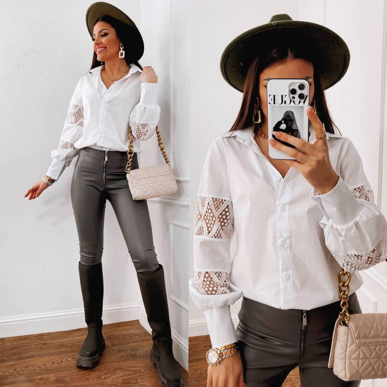 

Женская коттоновая рубашка с кружевом 46, Белый