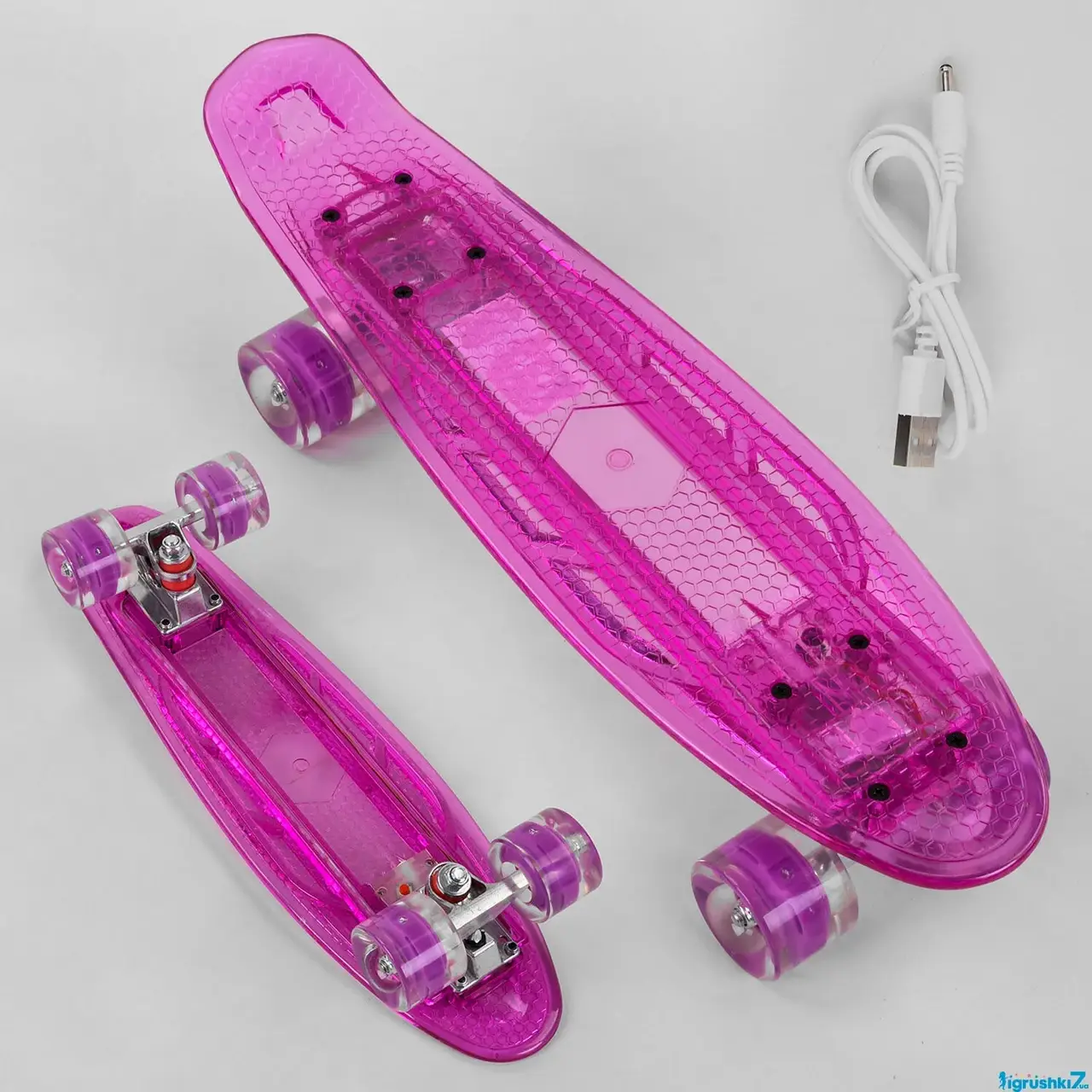 

Скейт Пенни борд S-10744 Best Board прозрачная дека со светом, колёса PU со светом, зарядка USB
