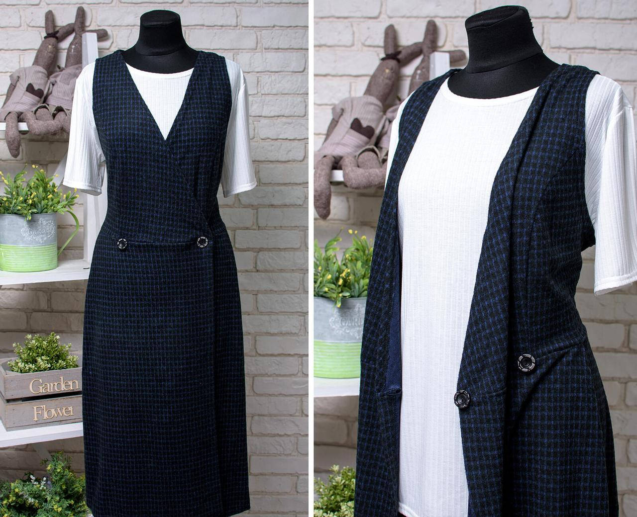 

Великолепный женский комплект двойка Сарафан+Блуза, ткань "Трикотаж ангора+Трикотаж" 56, 58 размер 56, Темно-синий