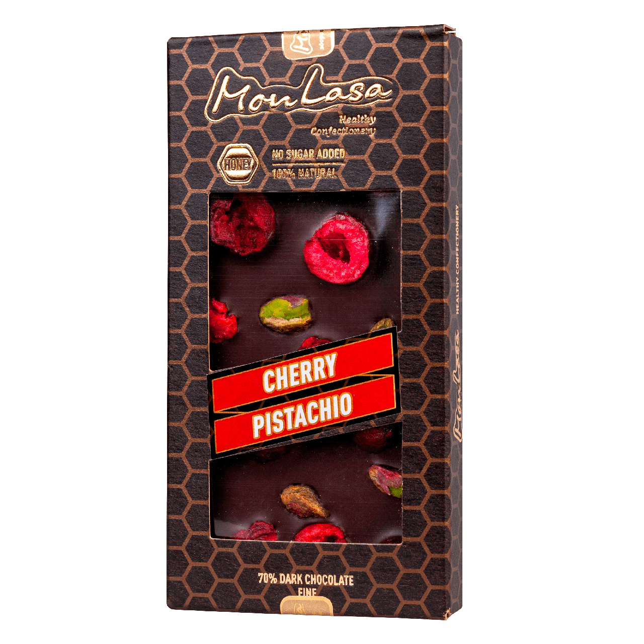 

Крафтовый шоколад MonLasa черный 70% с вишней и фисташками на меду 80 г