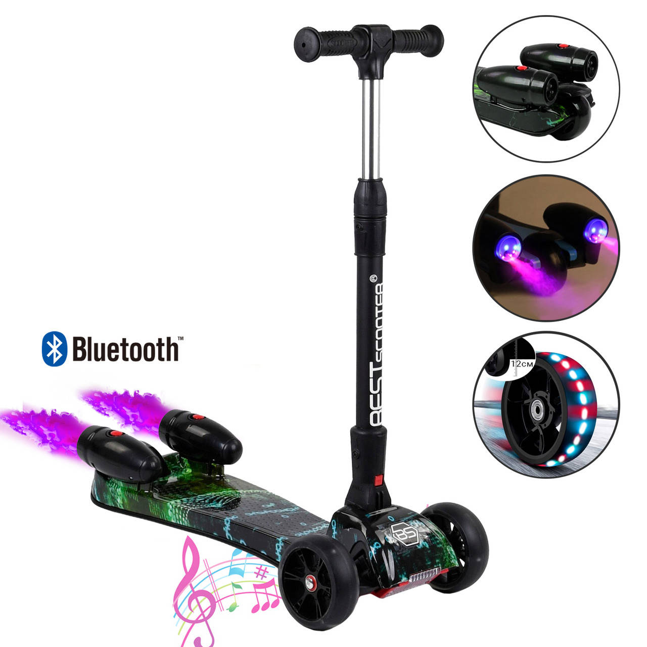 

Детский самокат с турбинами, парогенератором, дымом и музыкой трехколесный BS-66825, светится Черный с Зеленым