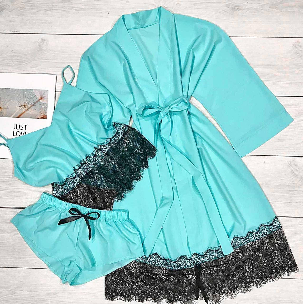 

Пижама женская с кружевом комплект 3 в 1 халат и пижама с майкой, шортами Бирюзовый