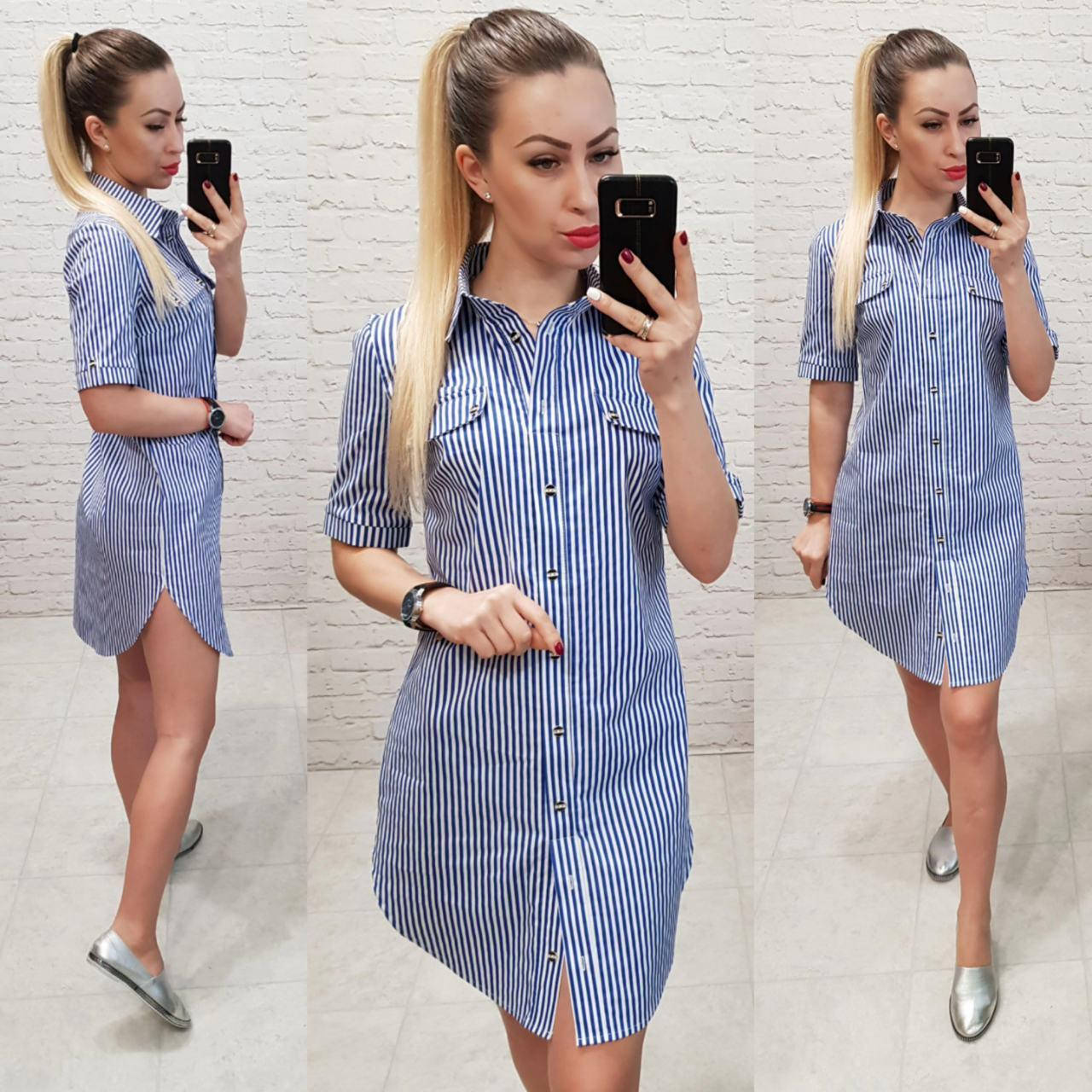 

Платье - рубашка арт 827синее в полоску 46