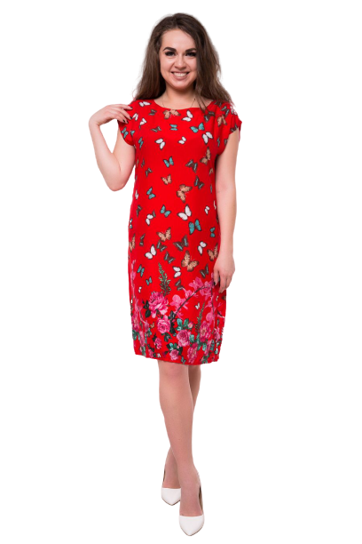 

Красное летнее платье из вискозы с бабочками C300S-6 с коротким рукавом XL