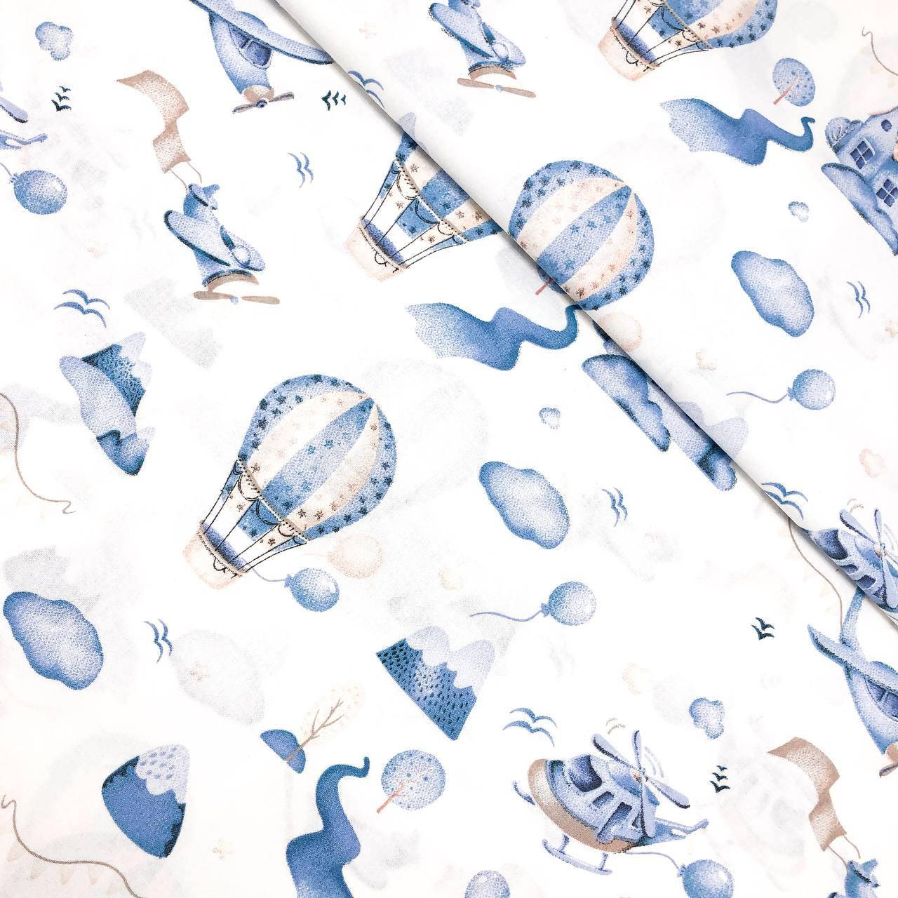 

Польская хлопковая ткань "Бежево-голубые воздушные шары, самолеты, вертолеты", Разные цвета