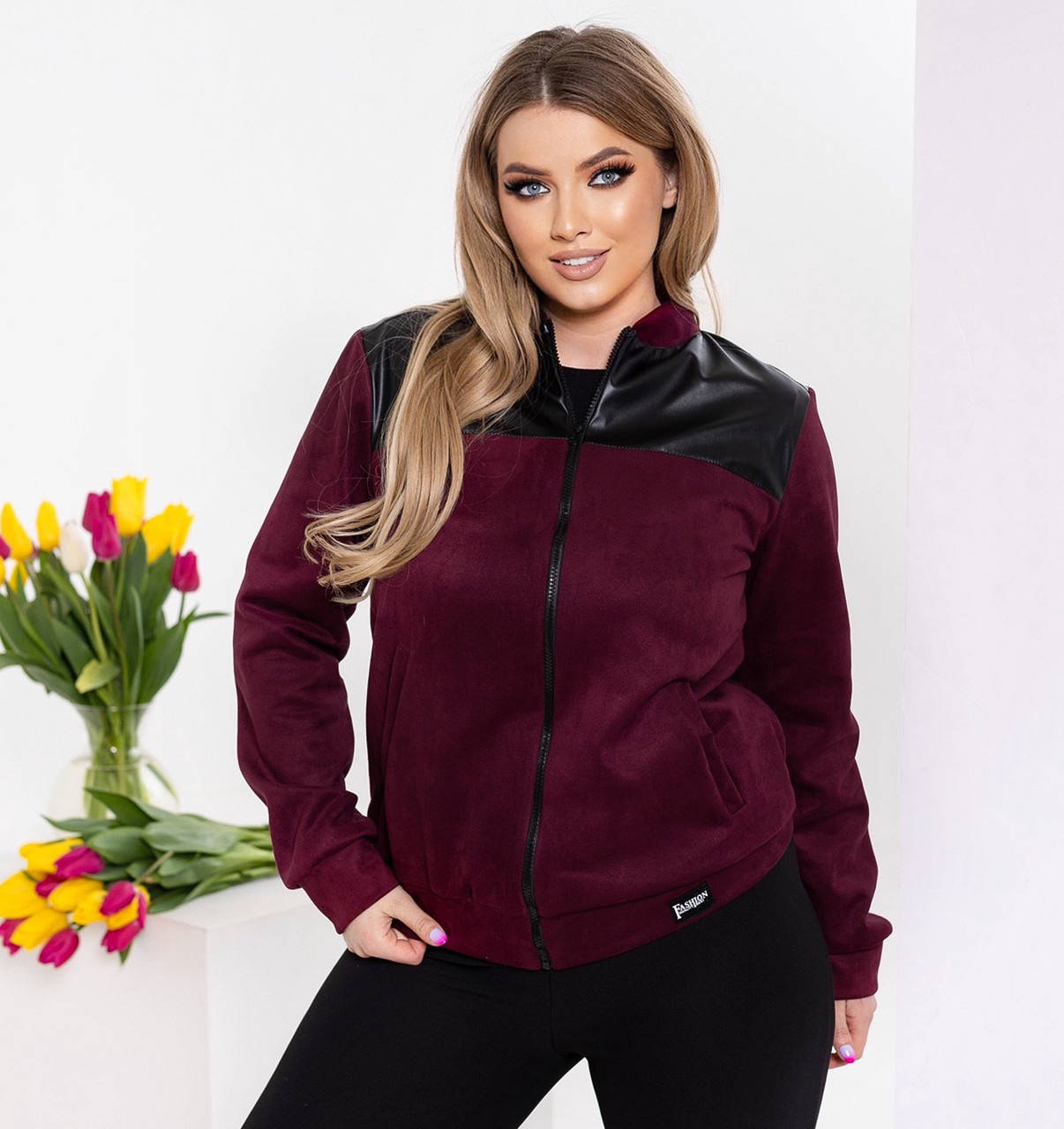 

Женский замшевый бомбер на молнии, Марсала