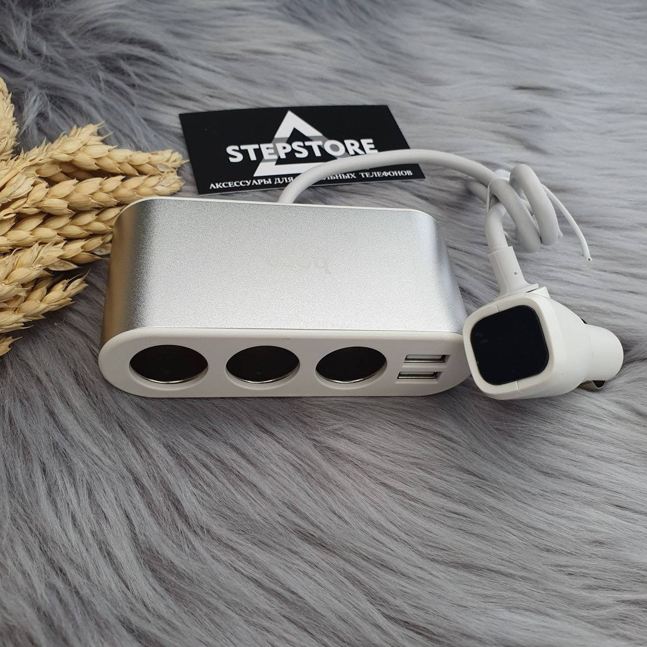 

Тройник Автомобильное зарядное устройство Hoco в машину на 3 выхода и 2 USB с индикатором