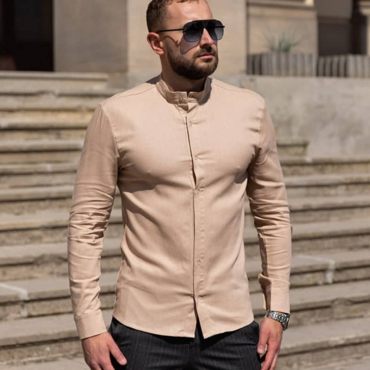 

Рубашка льняная мужская с длинным рукавом бежевая | ЛЮКС качества, Бежевый