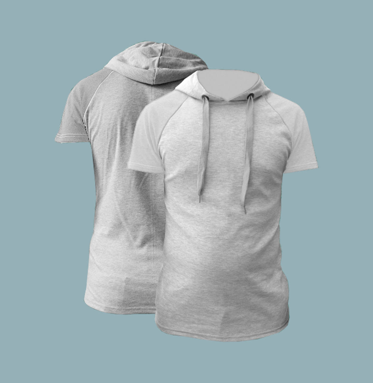 

Футболка с капюшоном серый меланж мужская, реглан рукав белый