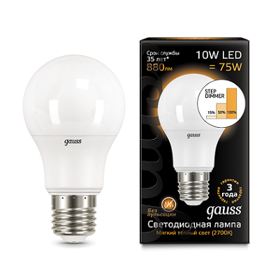 

Лампа светодиодная Gauss LED A60 10W E27 880lm 2700K step dimmable, 102502110-S