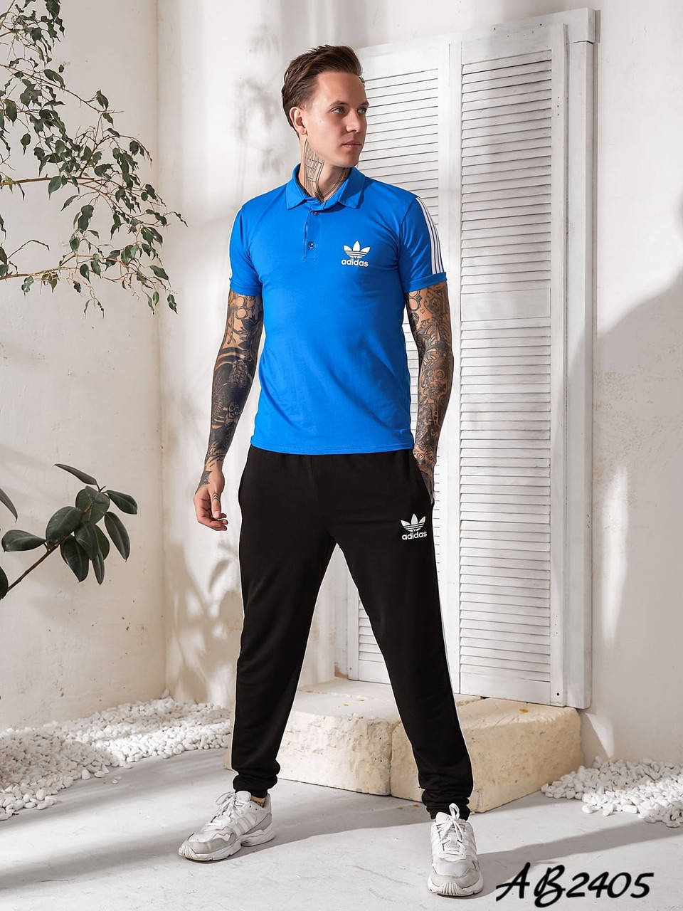 

Мужской молодежный летний спортивный костюм: штаны и футболка поло, Синий