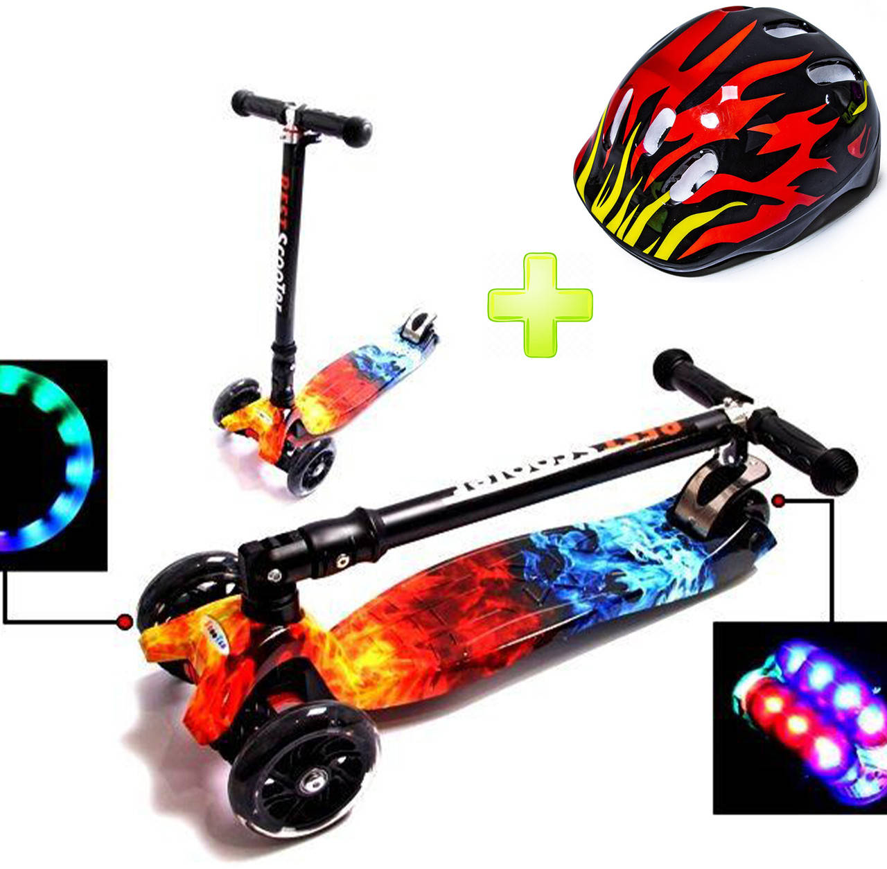 

+ Шлем + Детский самокат Scale Sports Mакси Огонь и лёд Складной руль Светящиеся колеса