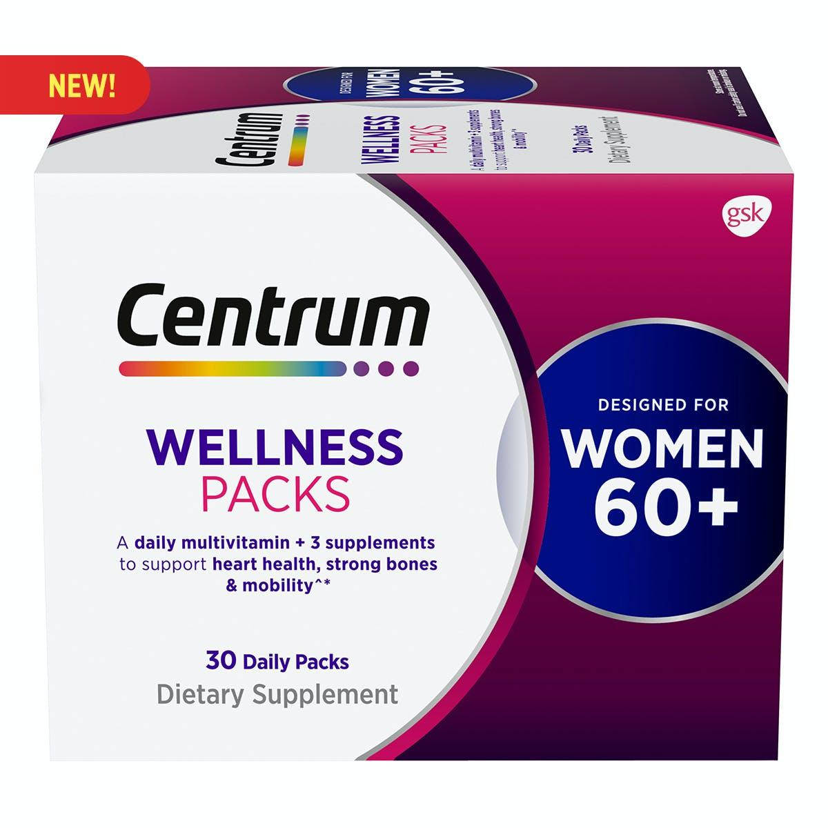

Centrum Wellness Packs для женщин 60+ мультивитамины, вит D, Omega-3, MSM 30 пакетов по 4 капсулы на 1 месяц